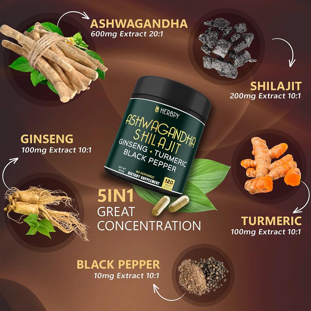 Herbpy 5in1 Shilajit Ashwagandha Supplements for Stamina Energy - 120 Capsules - image 2