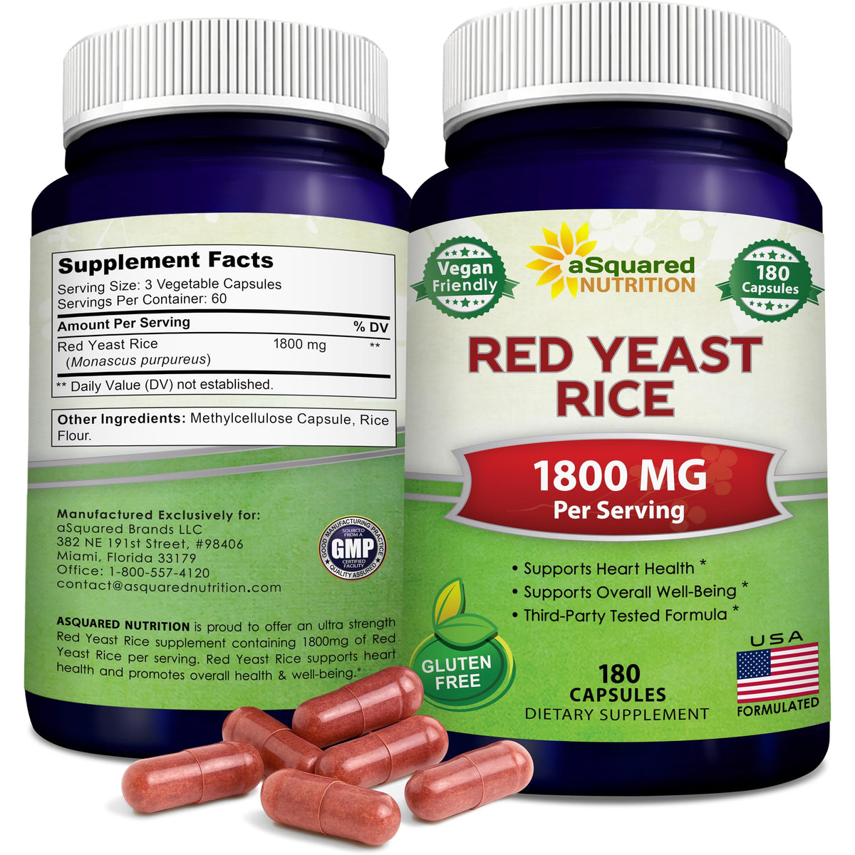 aSquared Nutrition Red Yeast Rice 1800mg - 180 Vegetarian Capsules