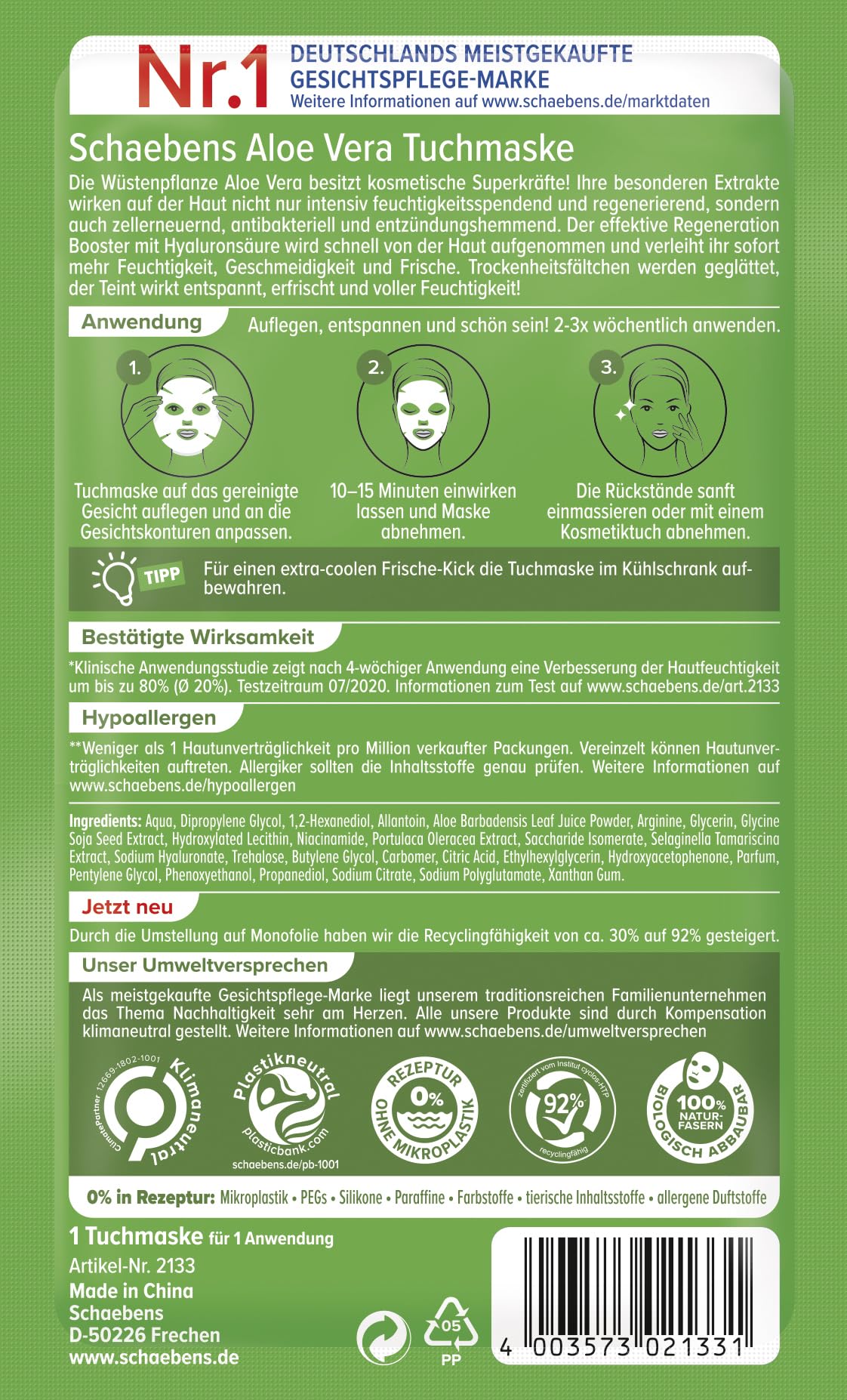 Schaebens Aloe Vera Tuchmaske Sheet Mask - 1 Count - image 2