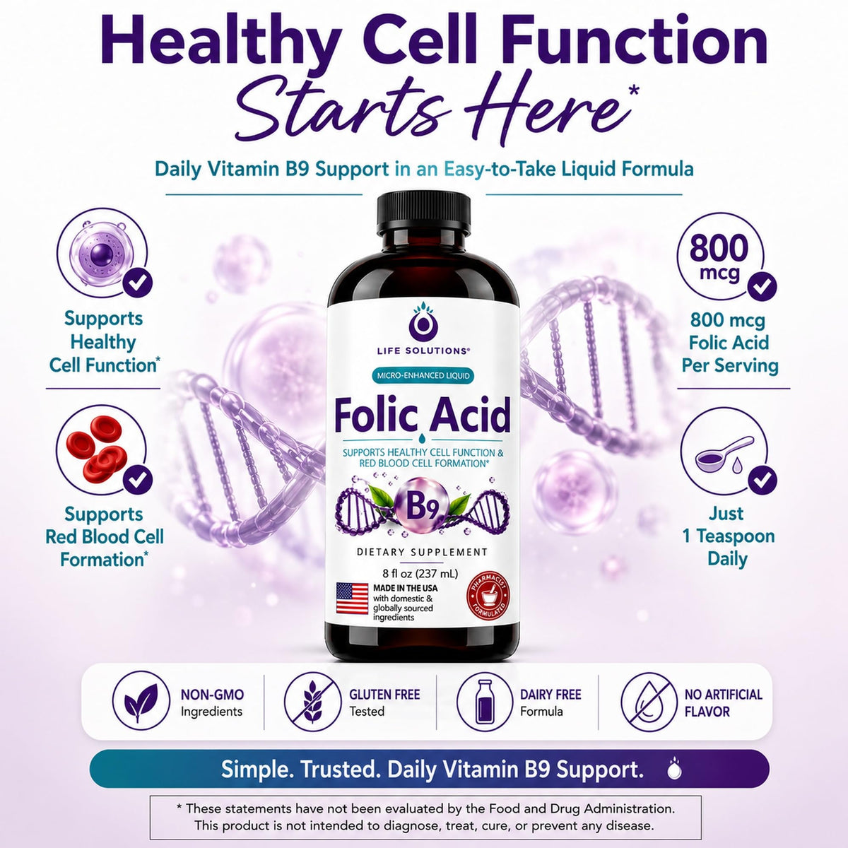 Life Solutions Liquid Vitamin B9 Folic Acid 800mcg Berry - 8oz - image 7