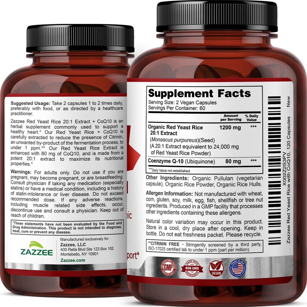Zazzee Organic Red Yeast Rice 20:1 Extract with CoQ10 - 120 Capsules - image 7