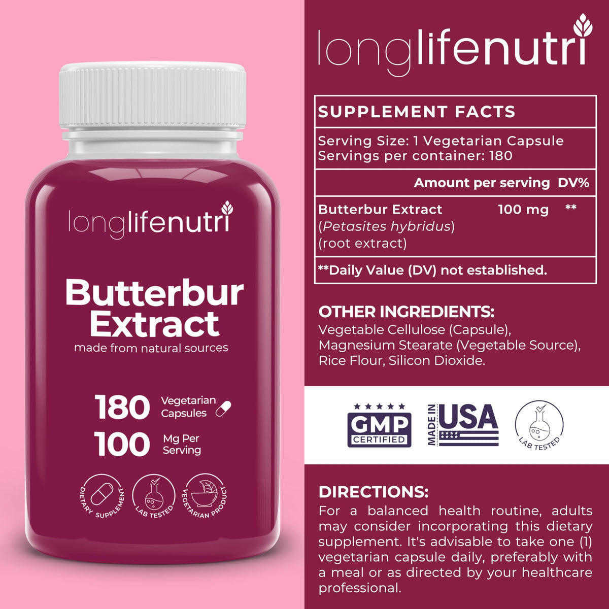 LongLifeNutri Butterbur Extract 100mg - 180 Vegetarian Capsules - image 2