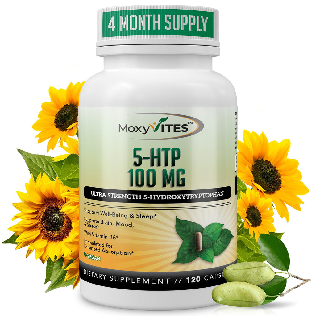MoxyVites 5HTP 100mg Supplement with B6 - 120 Vegan Capsules