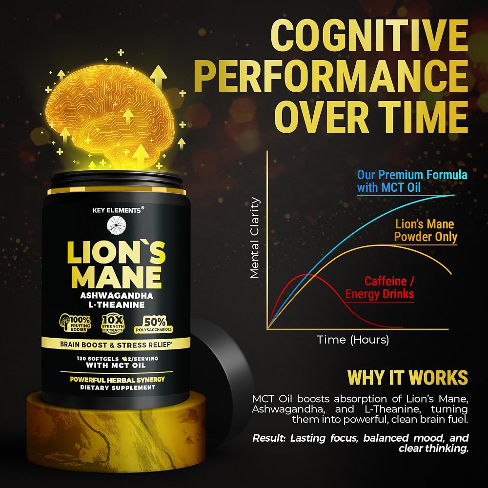 KEY ELEMENTS Organic Lions Mane Supplement with MCT Oil for Focus - 120 Softgels - image 4
