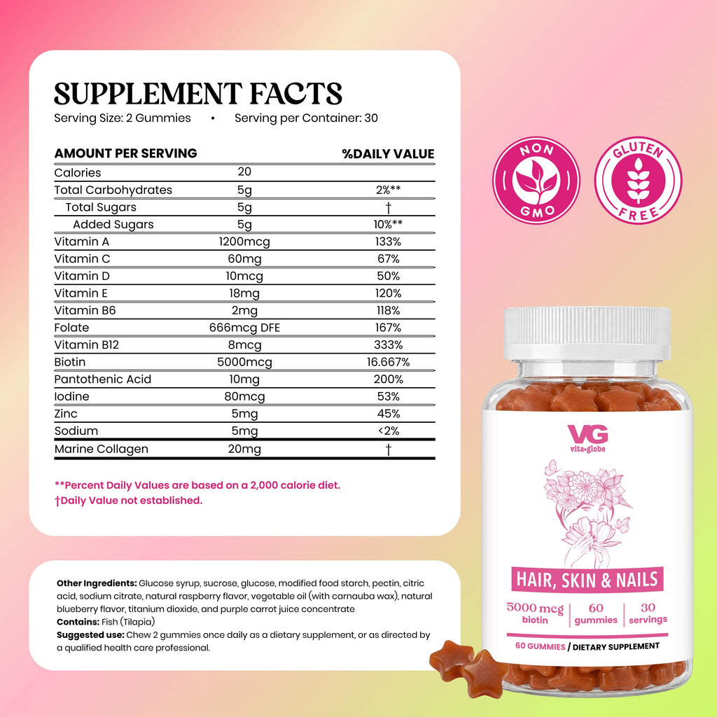 VITA GLOBE Hair Skin & Nails Gummies with Collagen & Biotin - 60 Gummies - image 2