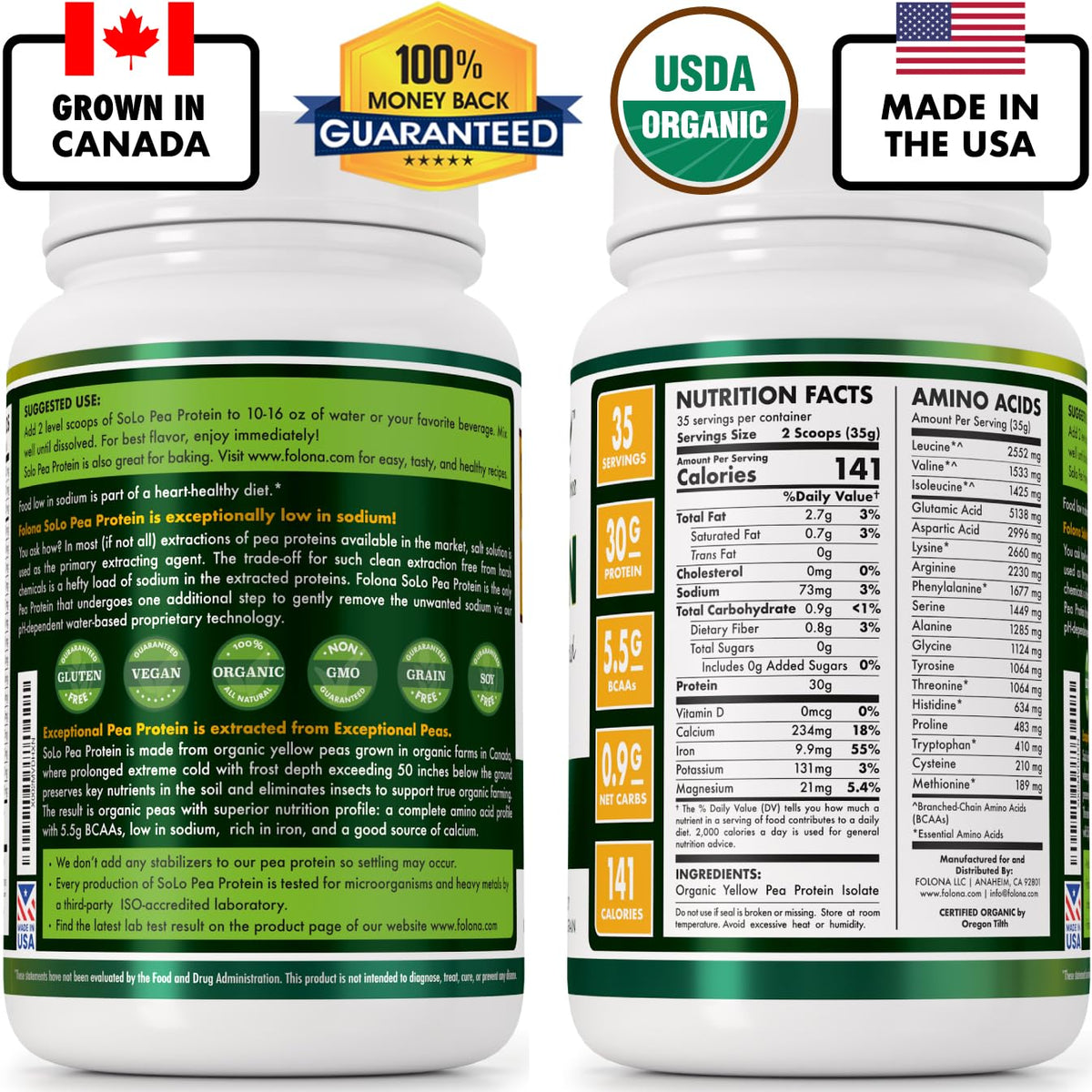 FOLONA SOLO Organic Pea Protein Isolate Powder - 2.7 lbs - image 2