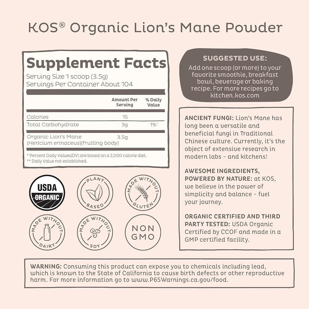 KOS Organic Lion's Mane Powder Nootropic - 104 Servings - image 2