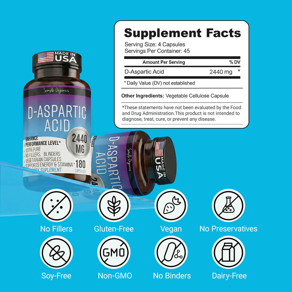 Simple-Organics D-Aspartic Acid Testosterone Support for Men - 180 Capsules - image 5