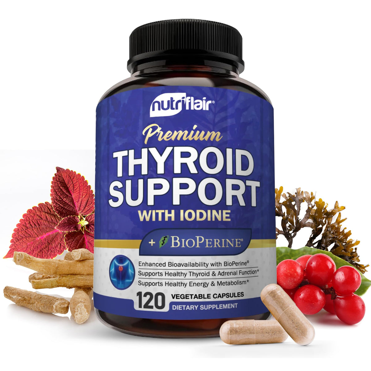 NutriFlair Thyroid Support Complex with Iodine & Ashwagandha - 120 Capsules