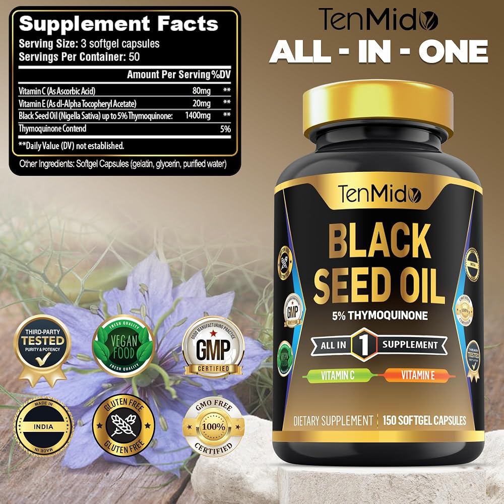 Tenmido Black Seed Oil Capsules with Vitamin C & E - 150 Softgels - image 2