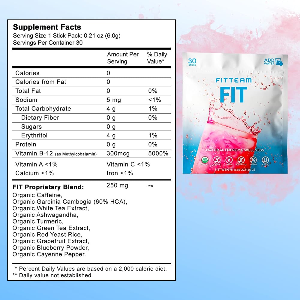FITTEAM Fit Sticks Organic Energy Drink Mix - 30 Stick Packs - image 3