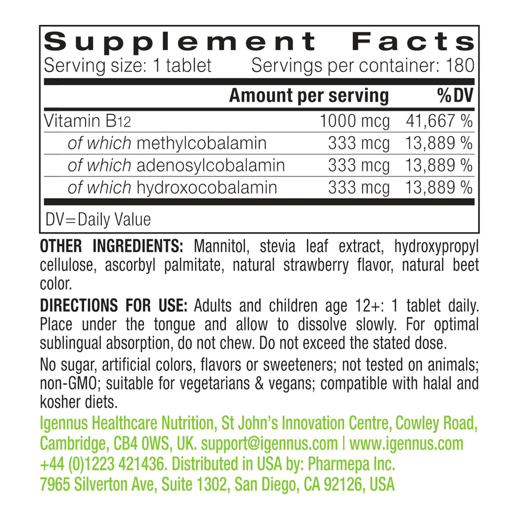 Igennus Vitamin B12 Complex 1000mcg Sublingual - 180 Tablets - image 6
