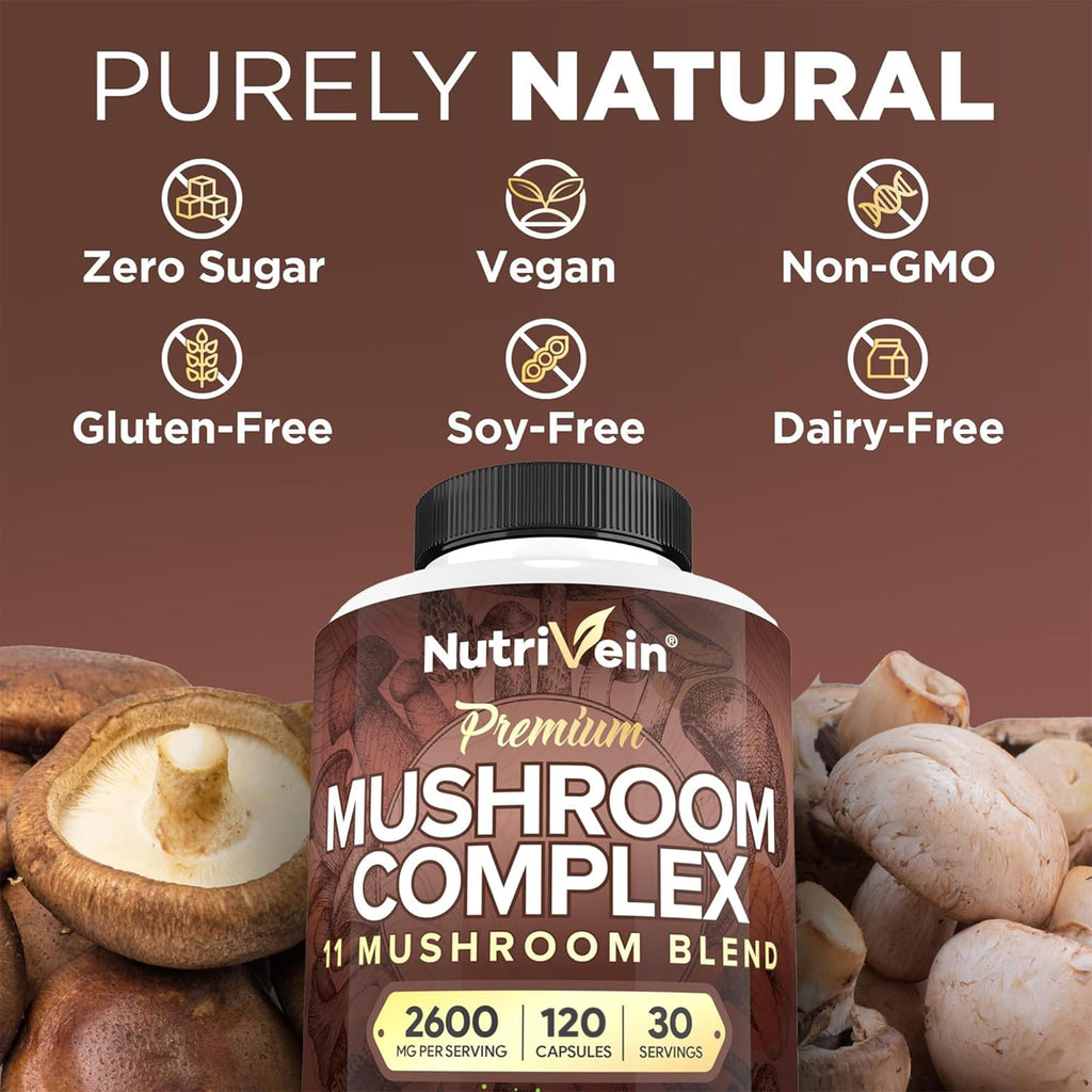 Nutrivein Premium Nootropic Mushroom Supplement 2600 mg - 120 Capsules - image 5