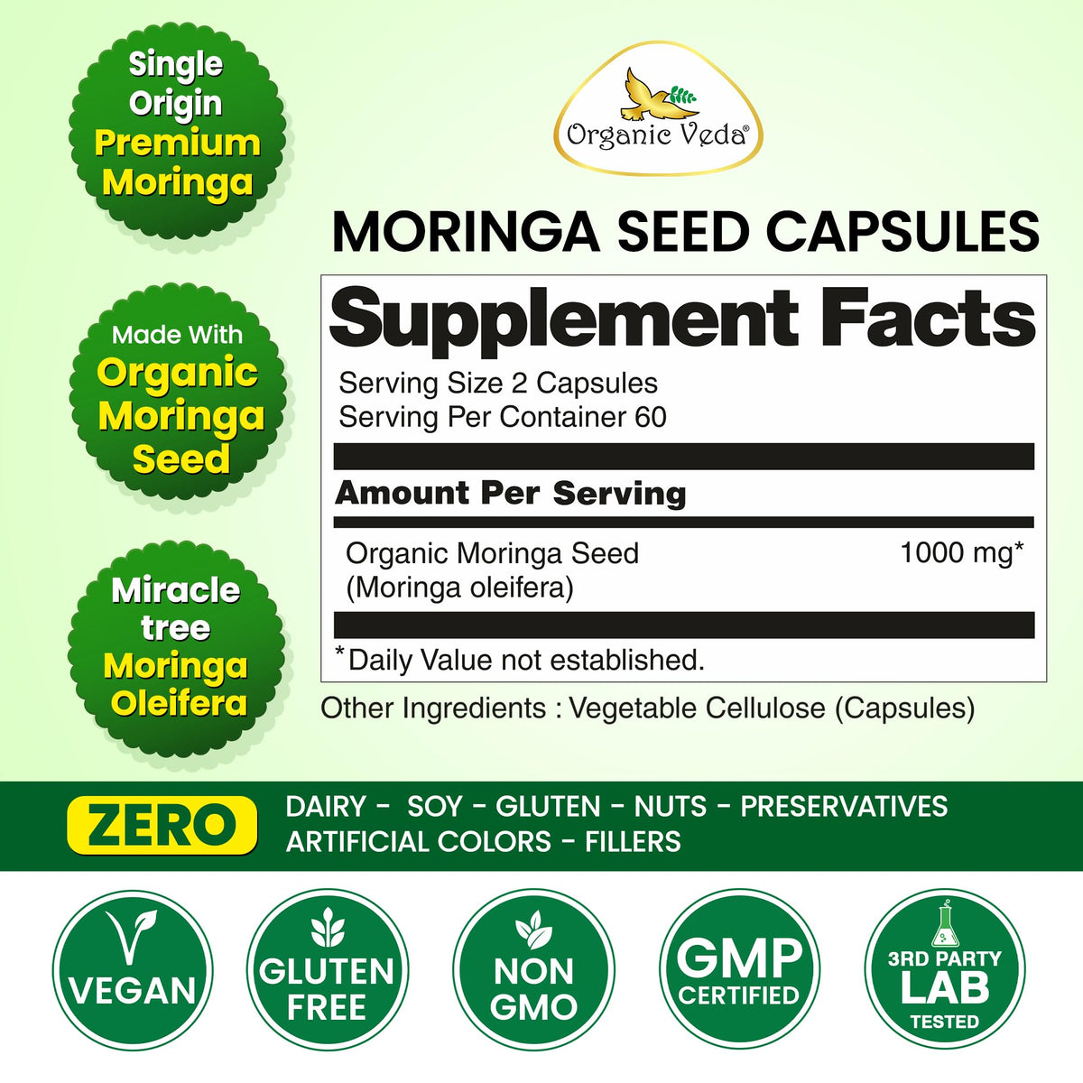 Organic Veda Moringa Seeds Capsules for Energy & Vitality - 120 Vegan Capsules - image 2