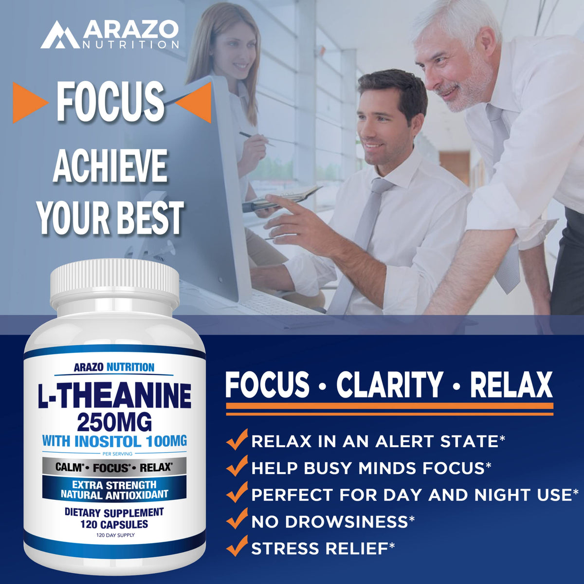 Arazo Nutrition L-Theanine 250mg with Inositol - 120 Vegetarian Capsules - image 4