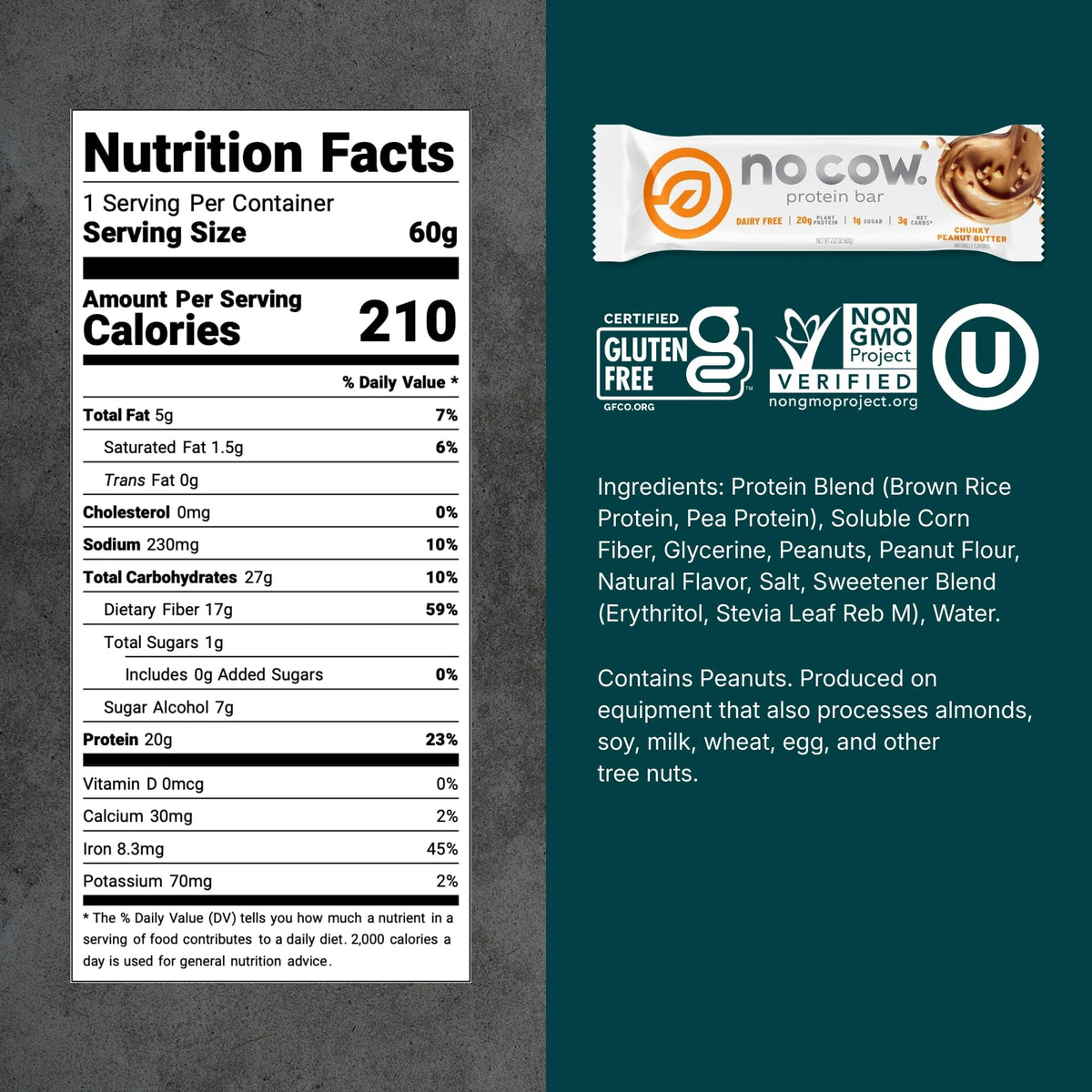 No Cow Chunky Peanut Butter Vegan Protein Bars - 12 Pack - image 2