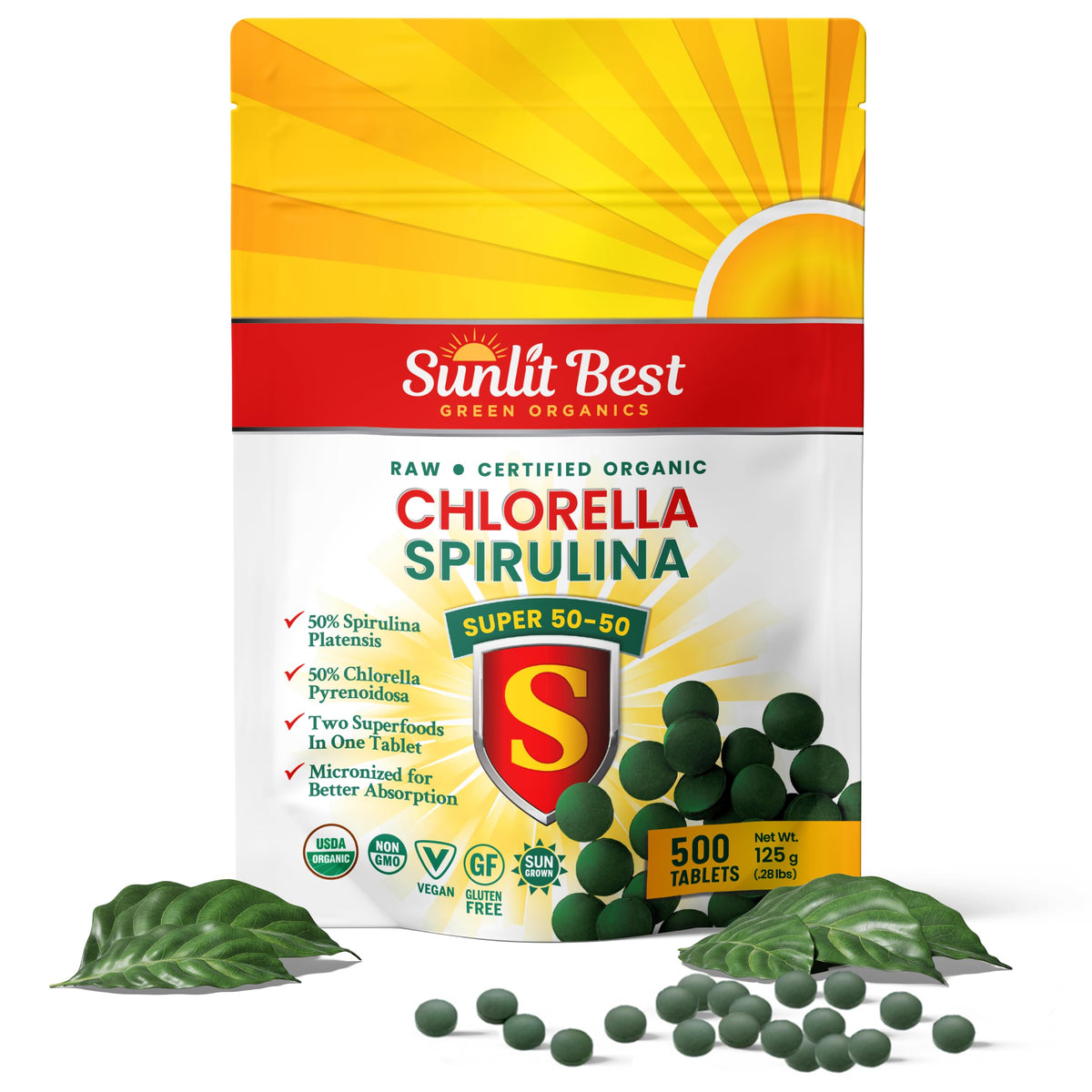 Sunlit Best Organic Chlorella Spirulina Tablets - 500 Count