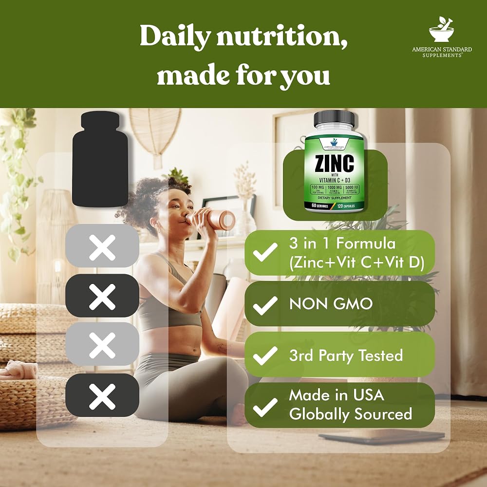 American Standard Supplements Zinc 100mg Vitamin C 1000mg - 120 Capsules - image 5