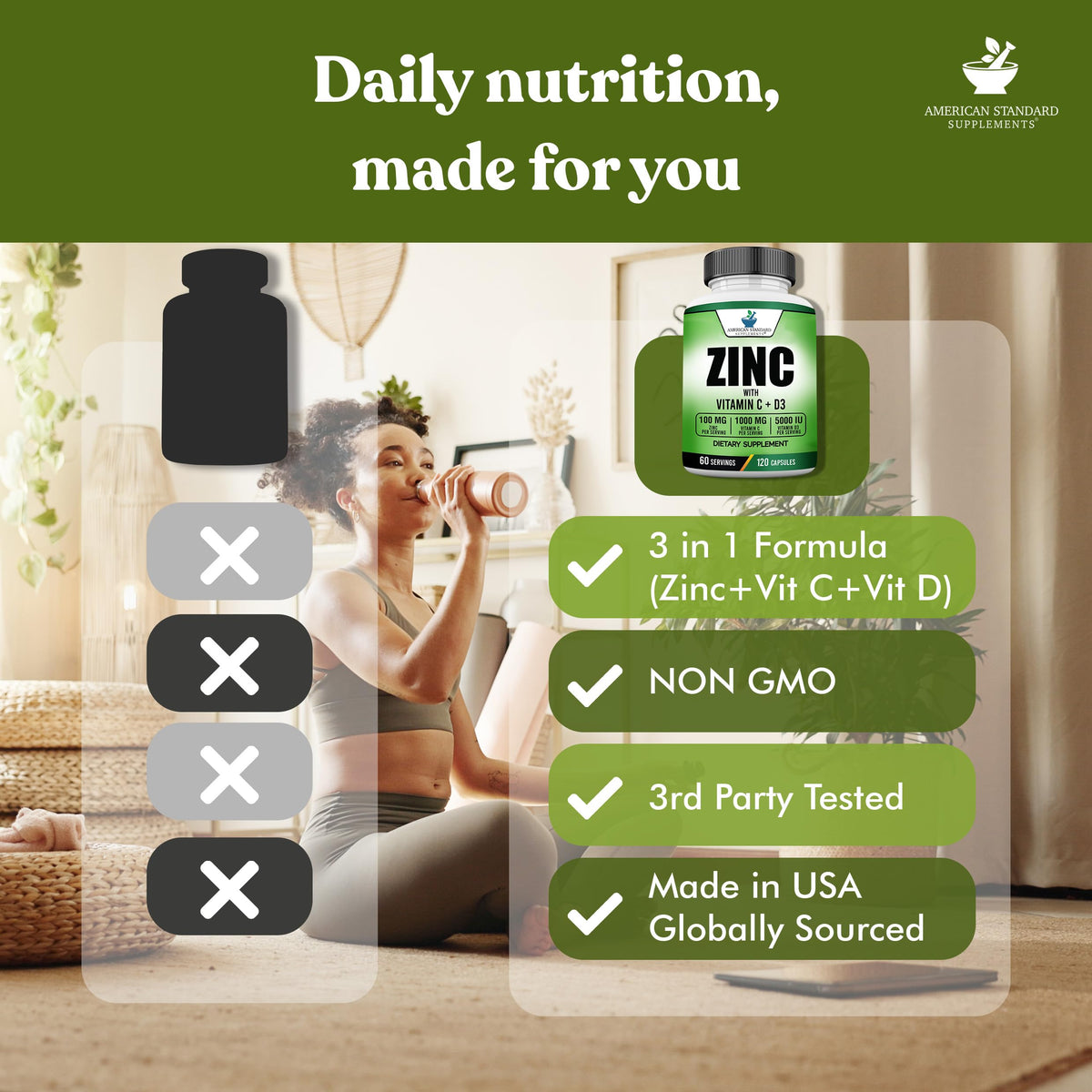 American Standard Supplements Zinc 100mg Vitamin C 1000mg - 120 Capsules - image 5