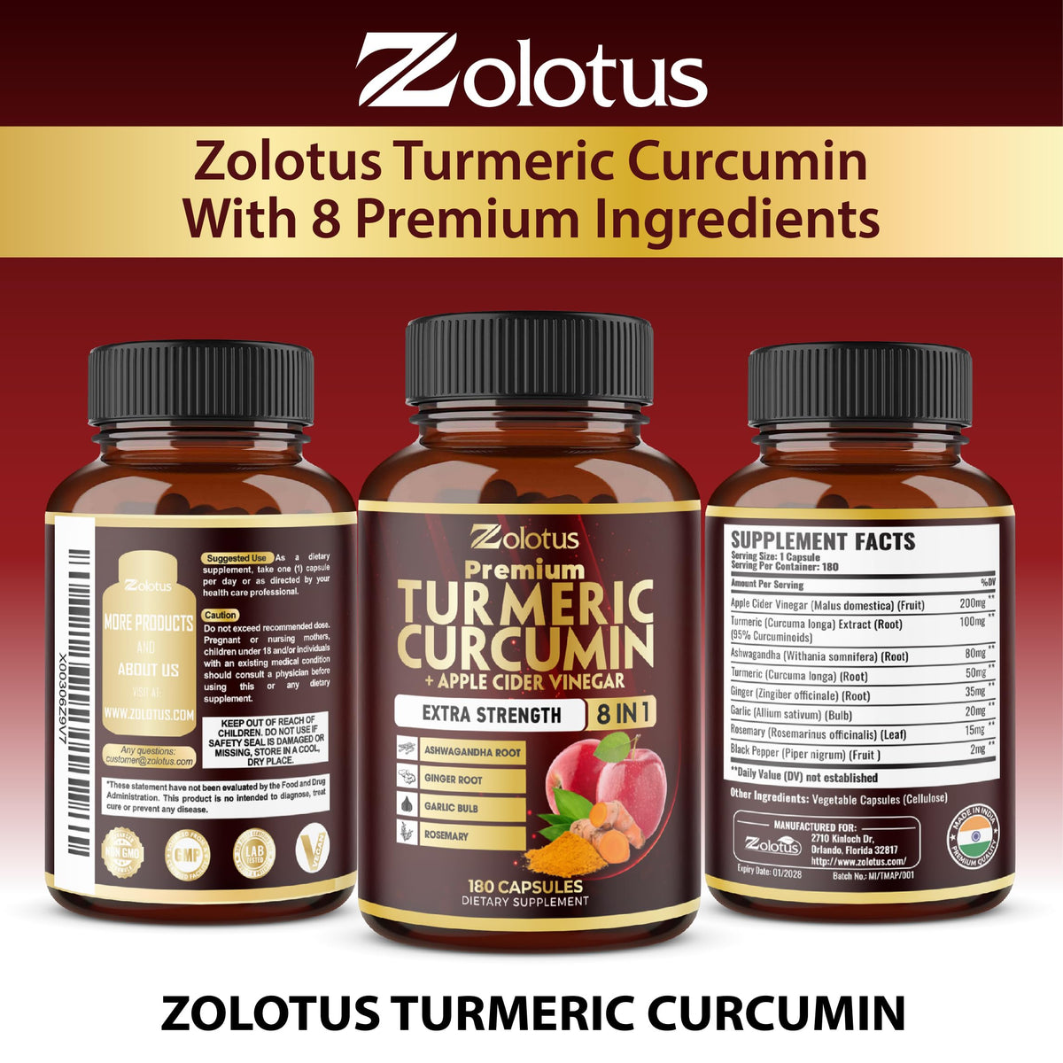 Zolotus Turmeric Apple Supplement - 2Pack 90 180 Capsules