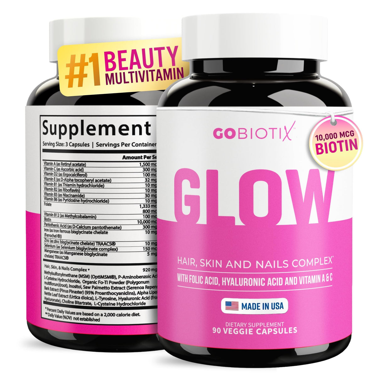 GOBIOTIX Hair, Skin & Nails Vitamins for Women 10,000mcg Biotin - 90 Capsules