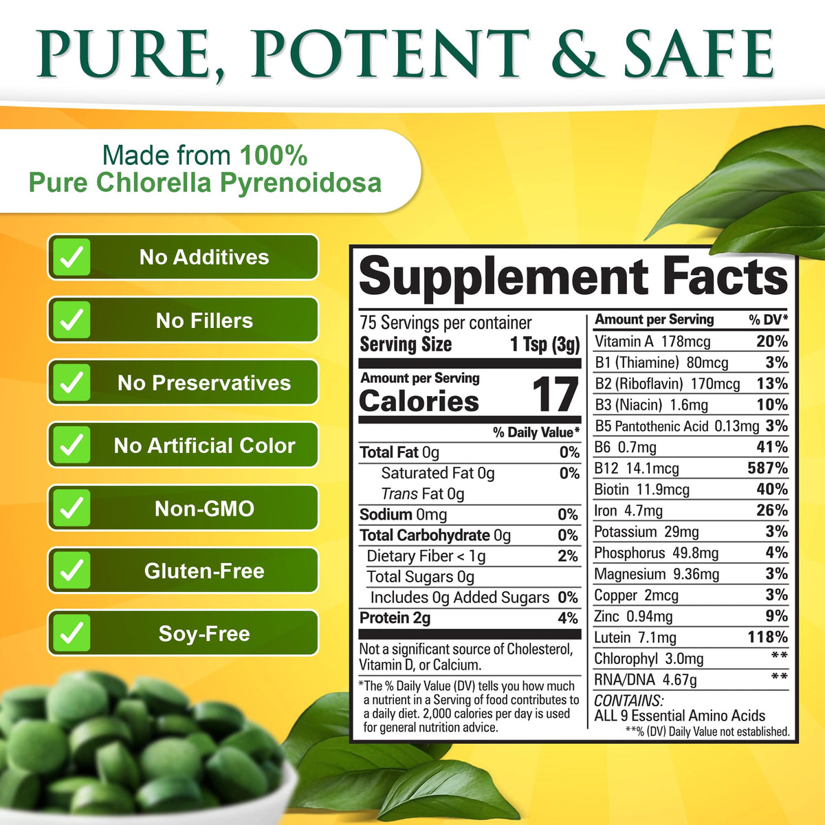 Sunlit Best Organic Chlorella Tablets Pure Superfood - 1000 Count - image 3