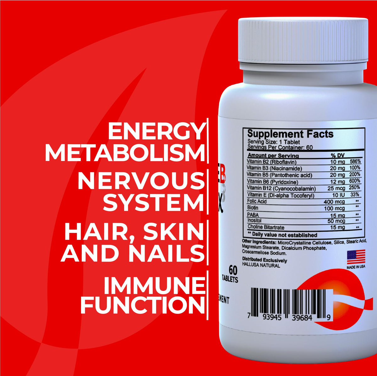 Hallusa Natural B Complex Energy Metabolism Support - 60 Tablets - image 2