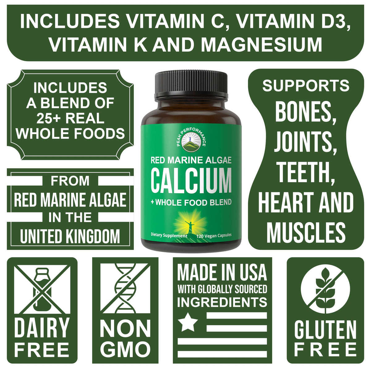Peak Performance Plant Based Calcium Red Marine Algae - 120 Capsules - image 3