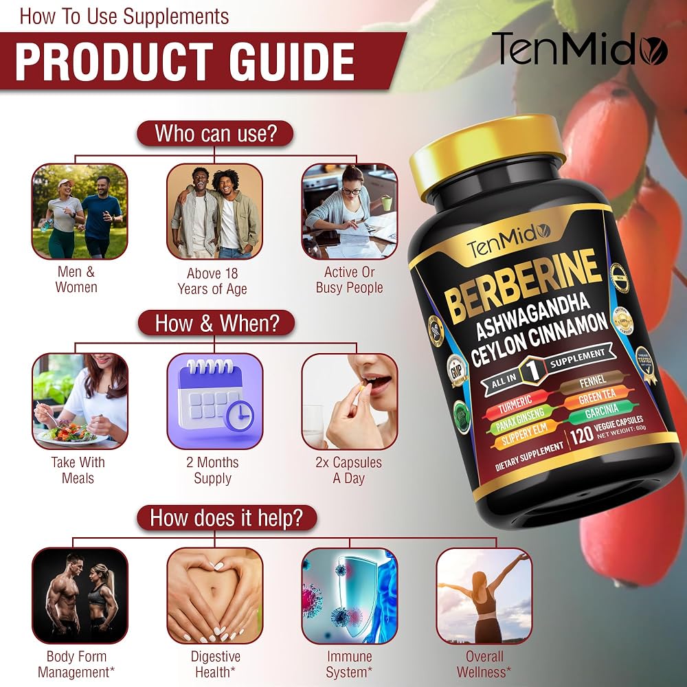 Tenmido Berberine Supplement 10-in-1 Formula - 120 Capsules - image 6