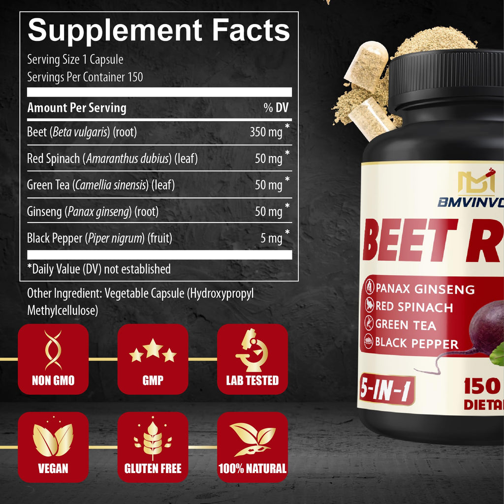BMVINVOL Beet Root, Green Tea, Red Spinach, Ginseng Complex - 150 Capsules - image 2