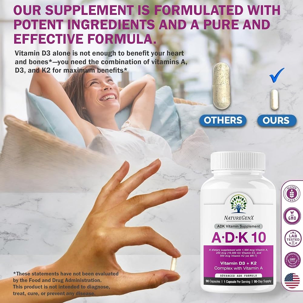 NatureGenX ADK10 Vitamin A D3 K2 Bone Health - 90 Capsules - image 7