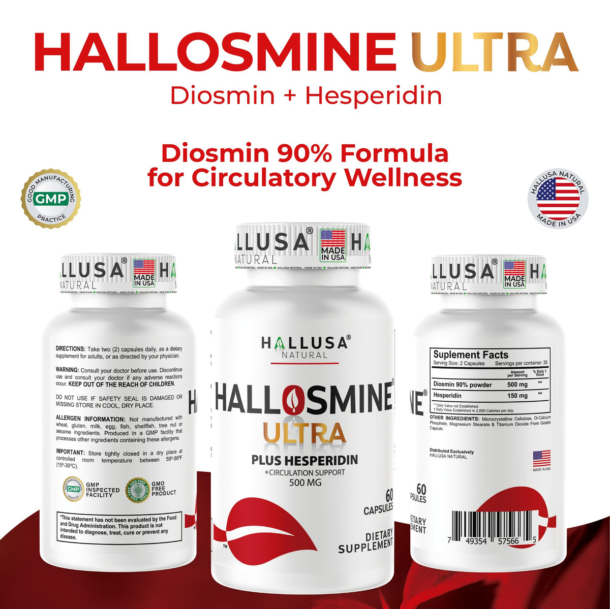 Hallusa Natural Diosmin 500mg & Hesperidin Circulation Support - 60 Capsules - image 3
