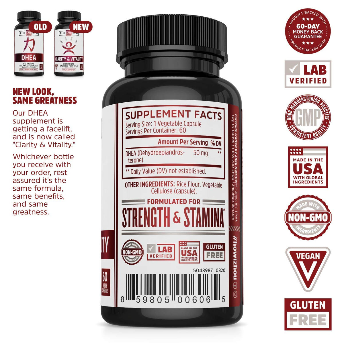 ZHOU Clarity & Vitality DHEA 50 mg - 60 Vegetarian Capsules - image 2
