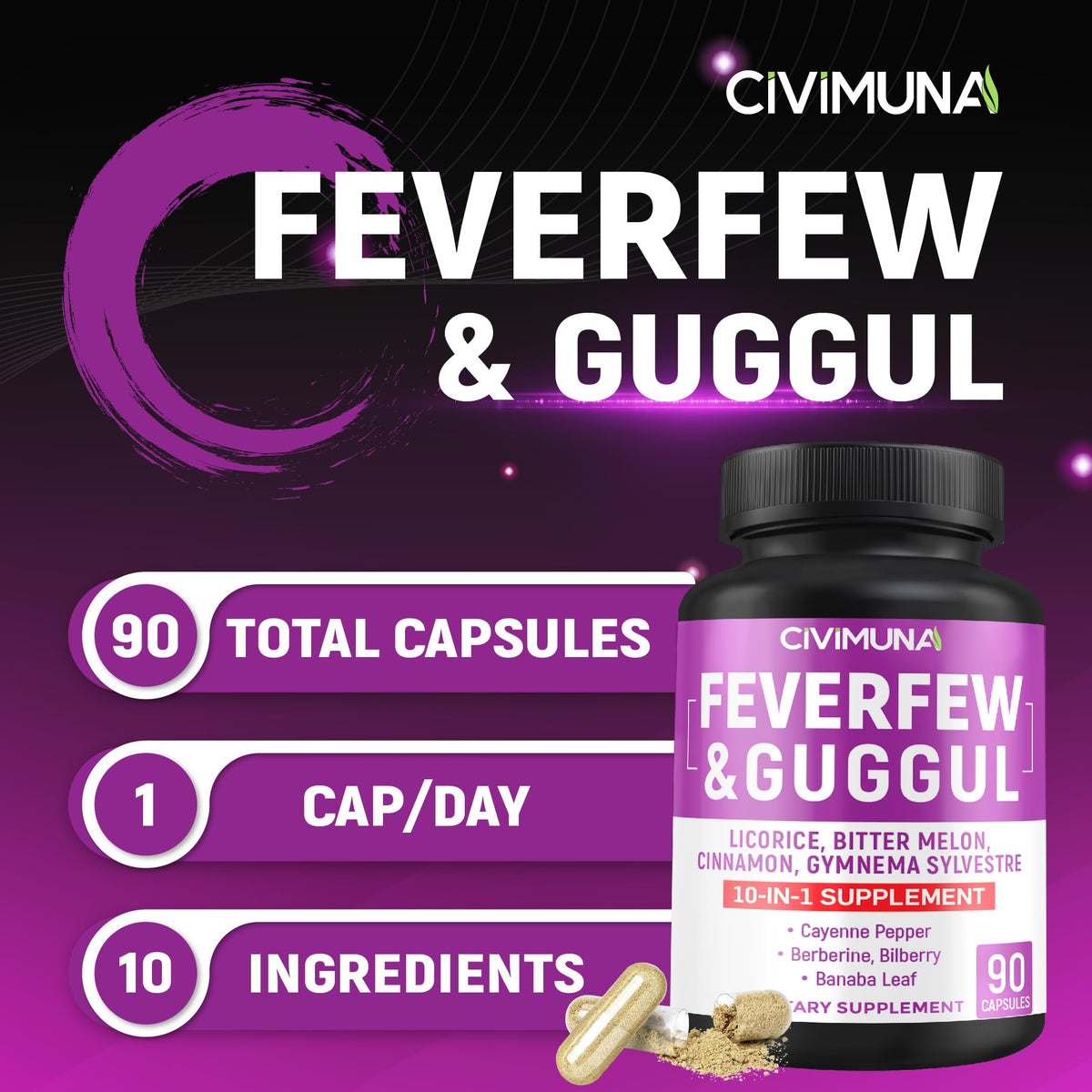CIVIMUNA Feverfew Capsules with Herbal Blend - 90 Capsules - image 2