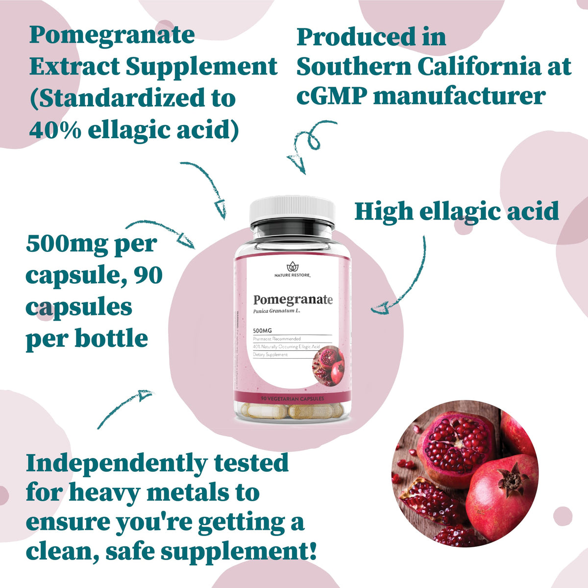 Nature Restore Pomegranate Extract Supplement 500mg - 90 Vegan Capsules - image 3