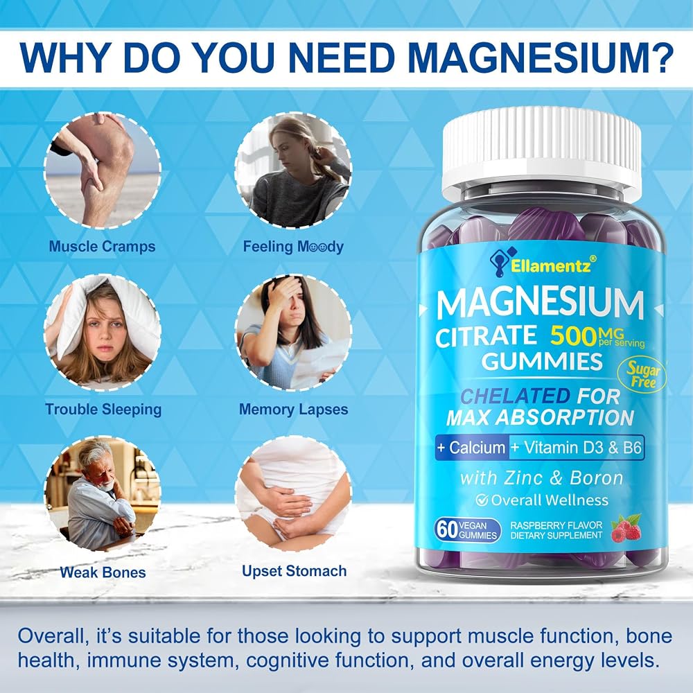 ELLAMENTZ Sugar Free Magnesium Citrate Gummies 500mg for Women Men