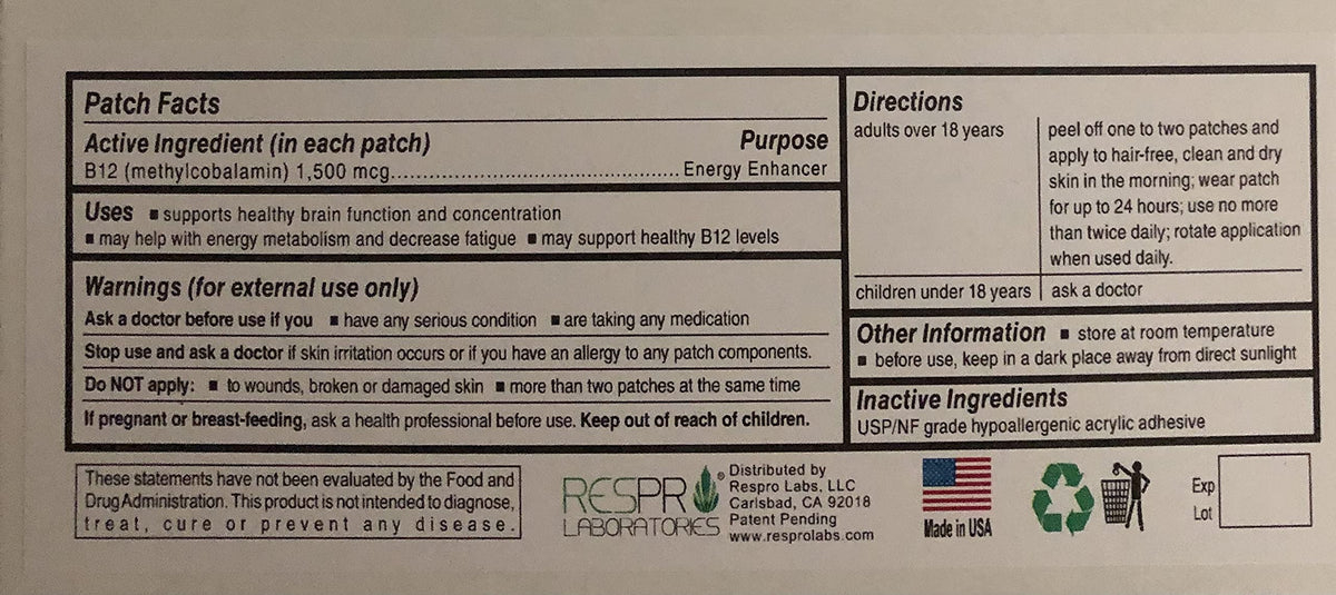 Respro Laboratories High Potency B12 Energy Patch - 30 Patches - image 2
