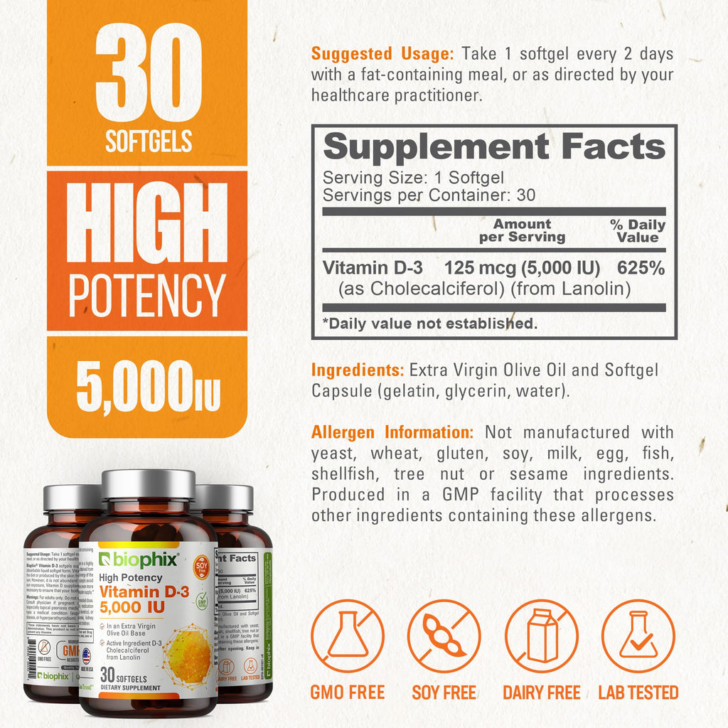 biophix Vitamin D3 5000 IU Softgels - 30 Count - image 4