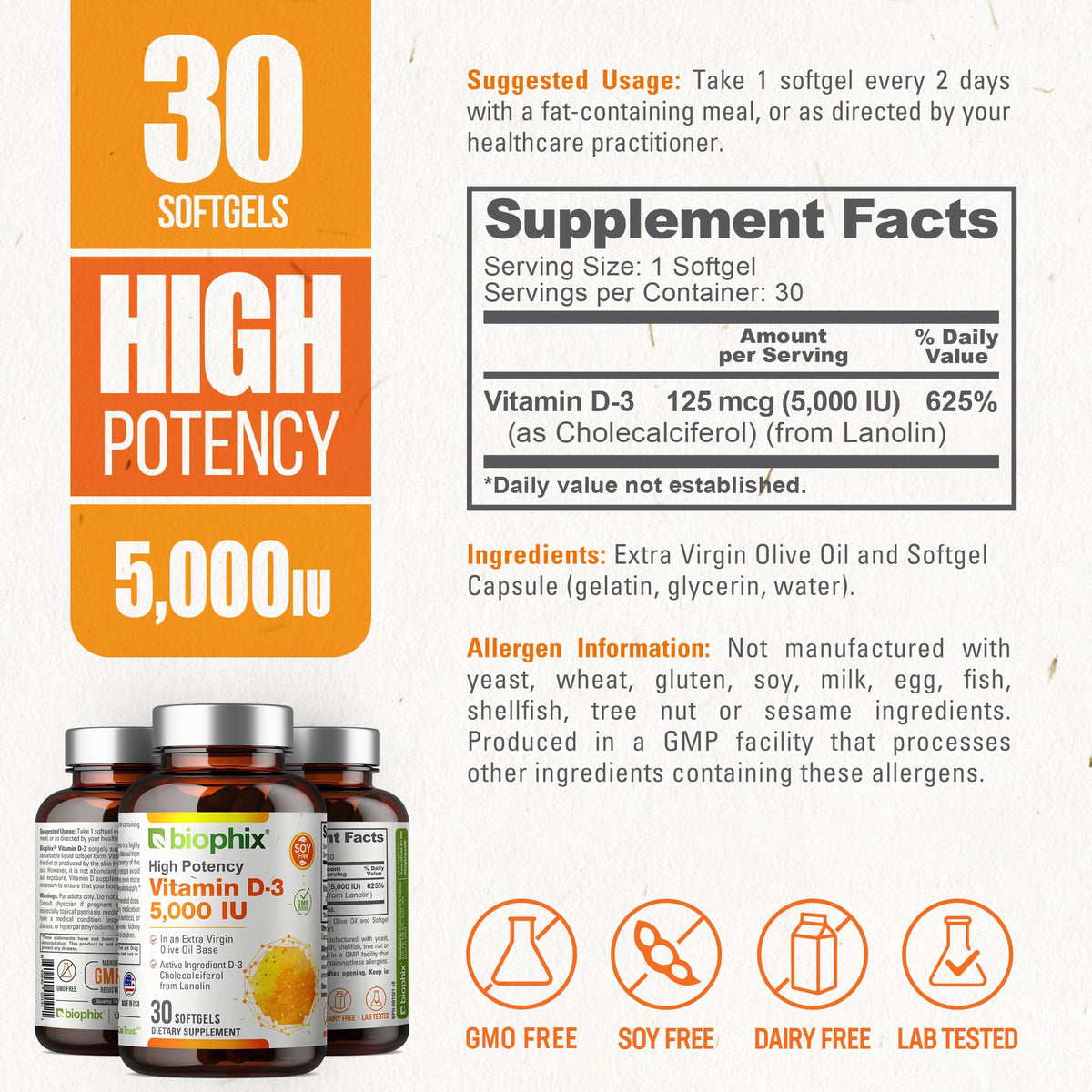 biophix Vitamin D3 5000 IU Softgels - 30 Count - image 4