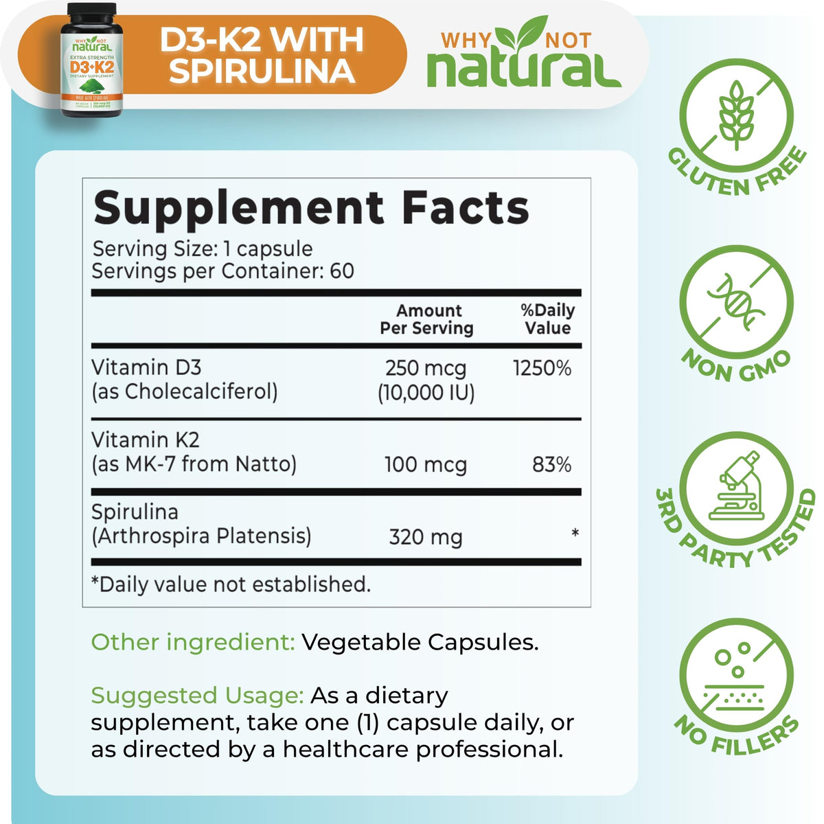 Why Not Natural Vitamin D3 K2 MK-7 10000 IU - 60 Vegetarian Capsules - image 4