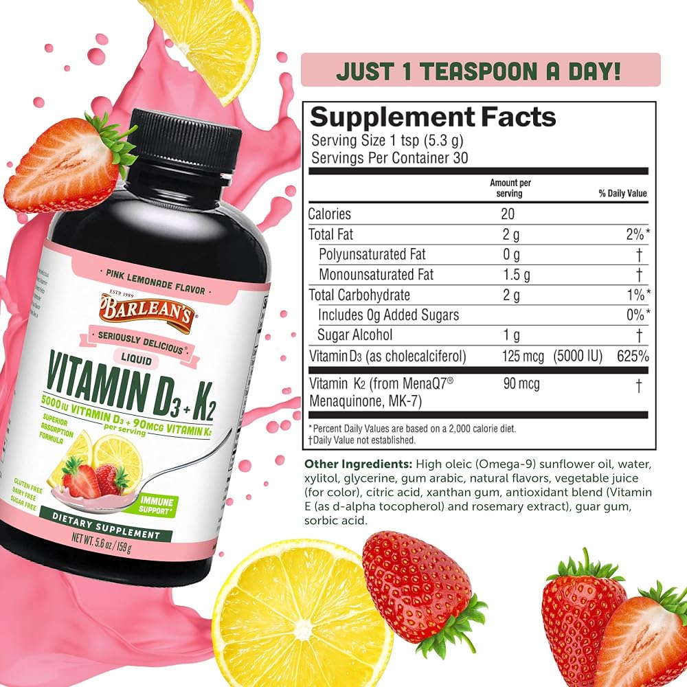 Barlean's Liquid Vitamin D3 & K2, Non-GMO, 5.6oz, 2-Pack