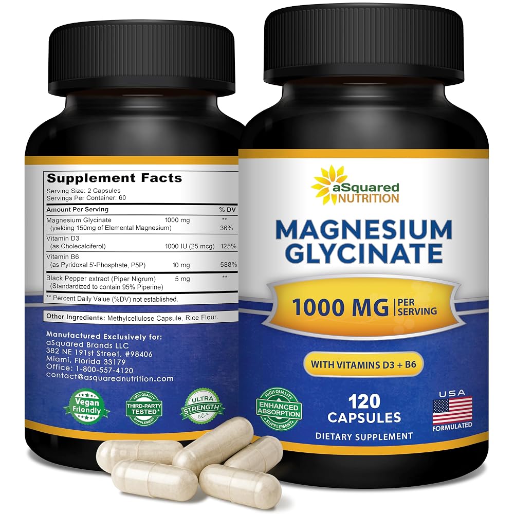 aSquared Nutrition Magnesium Glycinate 1000mg with D3 & B6 - 120 Capsules