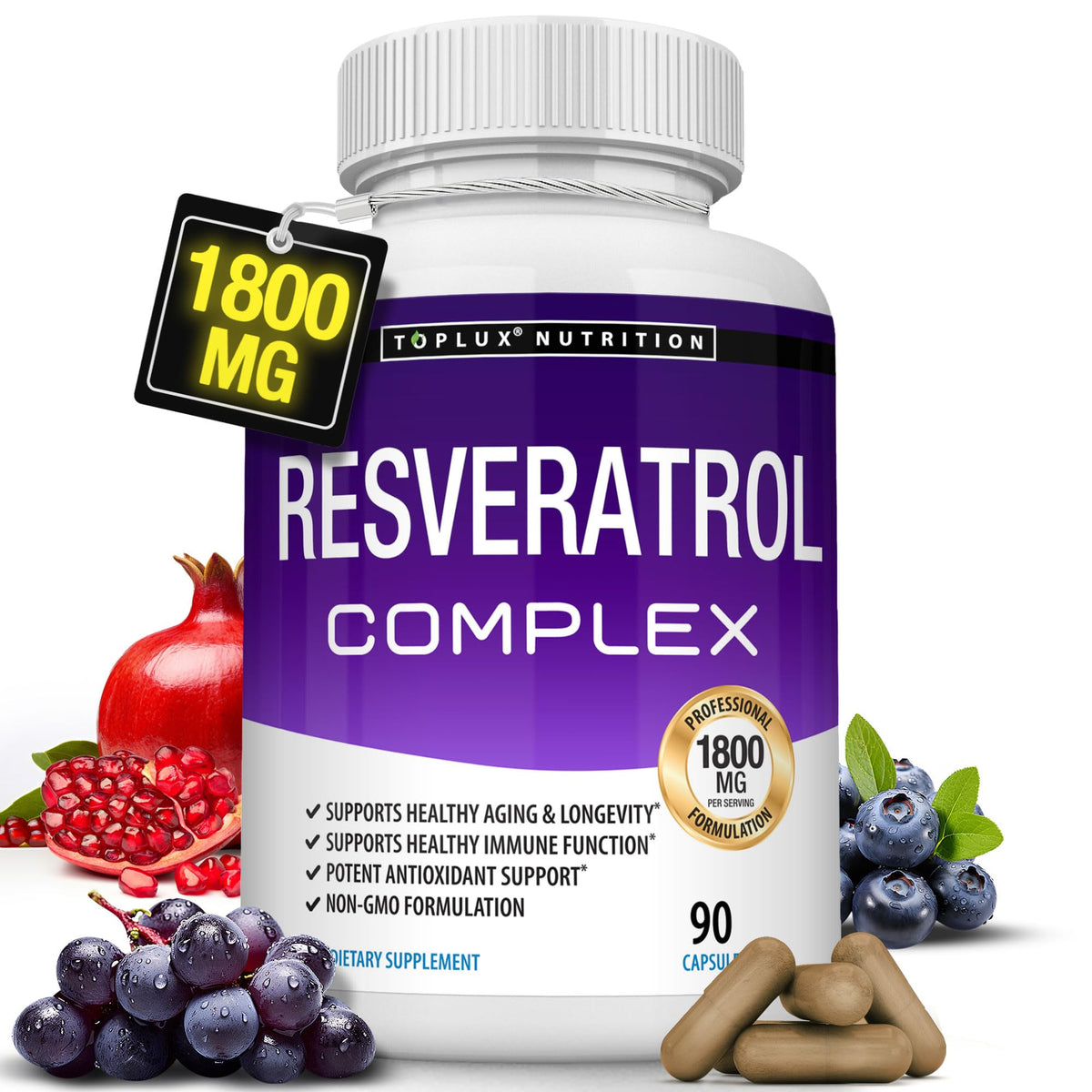 Toplux Resveratrol Supplement 1800 mg Antioxidant Complex - 90 Capsules