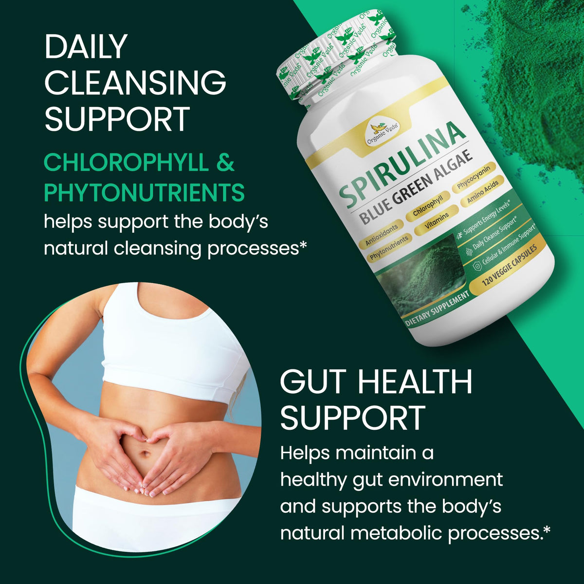 Organic Veda Spirulina Capsules Blue Green Algae - 120 Vegan Capsules - image 4