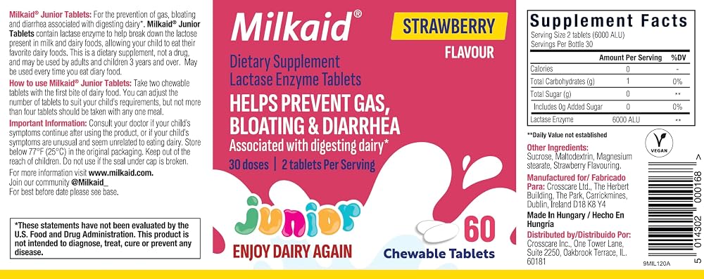 Milkaid Junior Lactase Enzyme Chewable Tablets for Lactose Intolerance