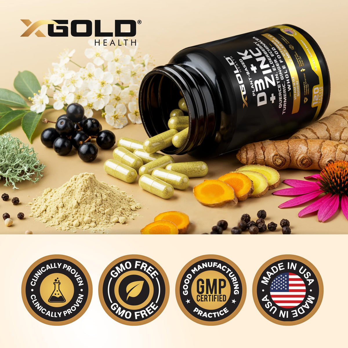 X Gold Health Vitamin D3 K2 K1 Zinc Quercetin Complex - 120 Capsules - image 6