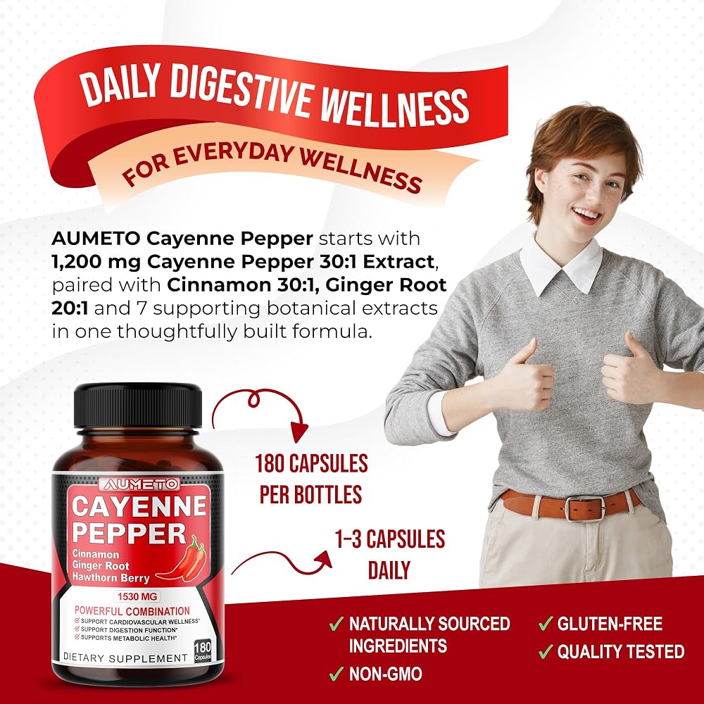 AUMETO Cayenne Pepper 1530mg with Cinnamon & Ginger - 180 Capsules - image 2