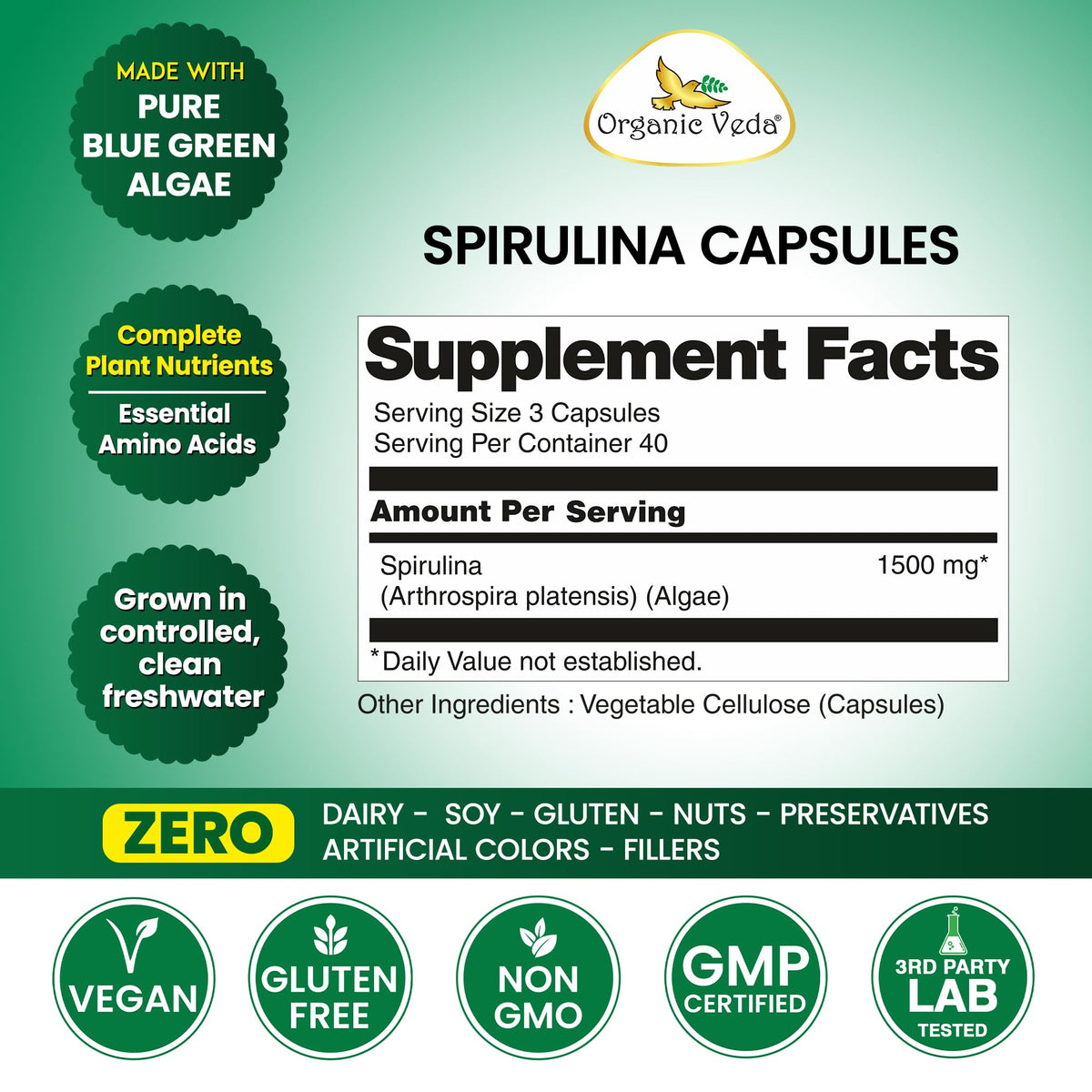 Organic Veda Spirulina Capsules Blue Green Algae - 120 Vegan Capsules - image 2