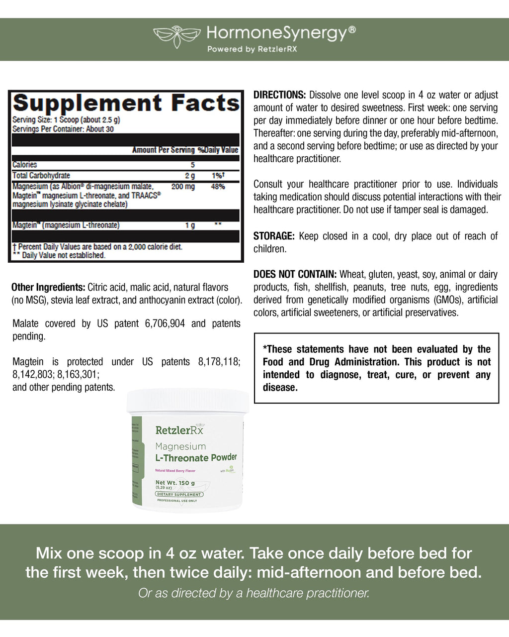 HormoneSynergy Magnesium L-Threonate Powder w/Magtein®- Magnesium