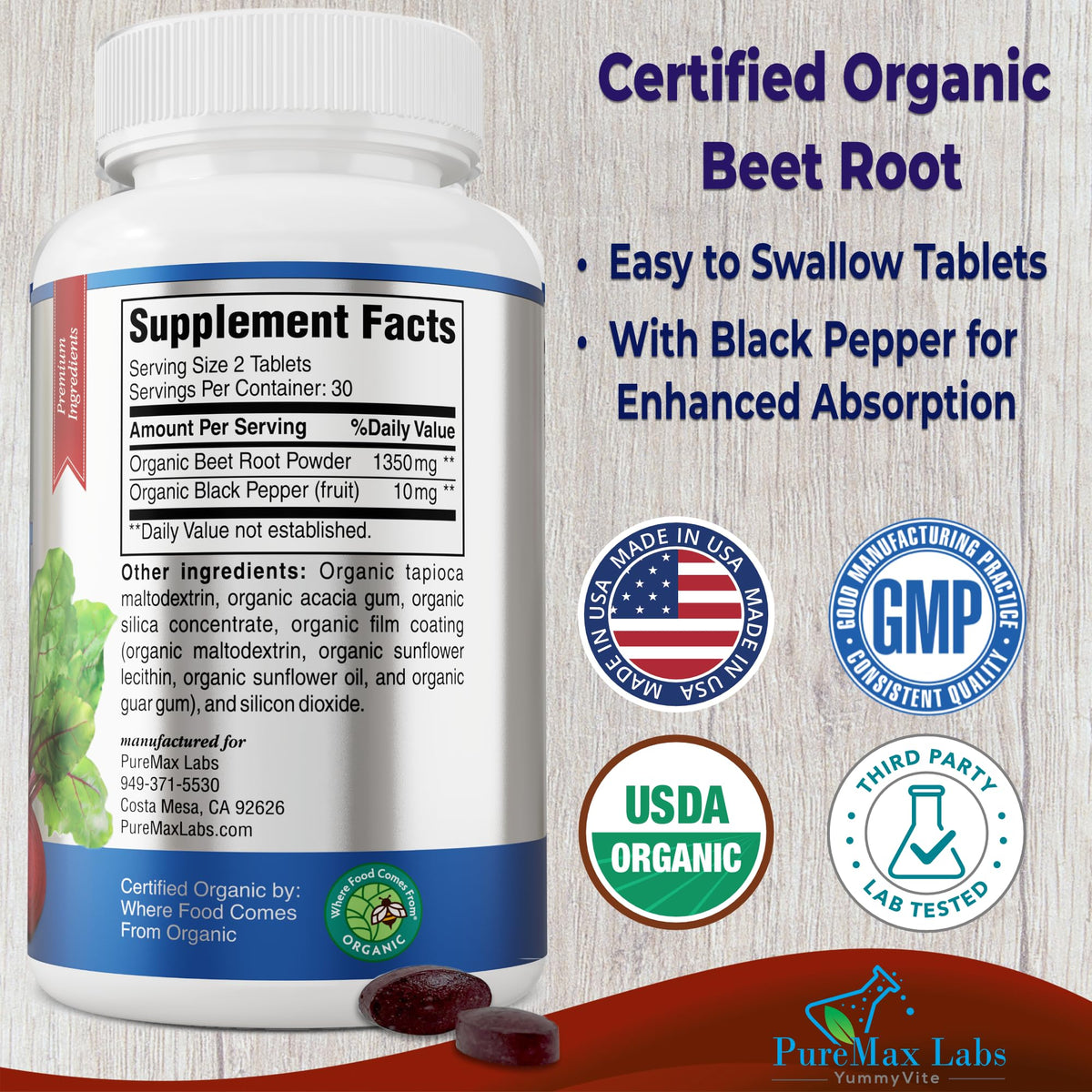 YUMMYVITE Organic Beet Root Powder 1350mg - 60 Tablets - image 2